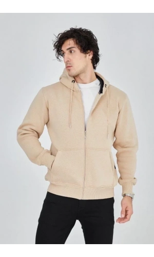 Bidebuvar Erkek Kapüşonlu Düz Fermuarlı Hırka - Bej