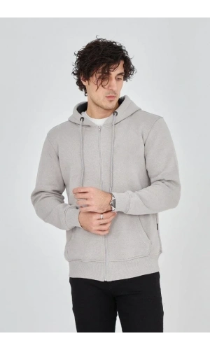 Bidebuvar Erkek Kapüşonlu Düz Fermuarlı Hırka - Boyalı Gri