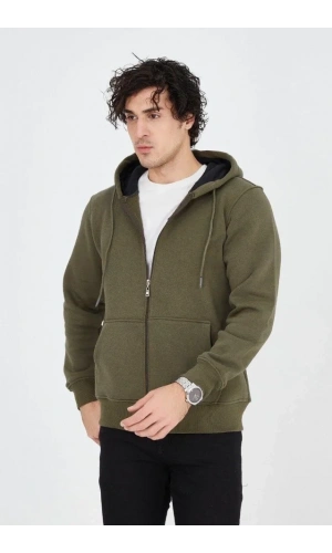 Bidebuvar Erkek Kapüşonlu Düz Fermuarlı Hırka - Yeşil
