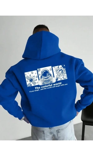 Bidebuvar Erkek Kapüşonlu Oversize Hoodie – Üç İplik Pamuklu, Astronot Temalı Renkli Dünya Baskılı, Kanguru Cepli Premium Sweatshirt - Saks Mavi