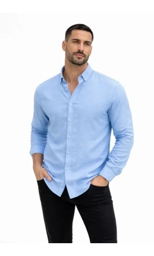 Bidebuvar Erkek KETEN Kumaş Oversize Uzun Kollu Rahat Kalıp Gömlek - Açık Mavi