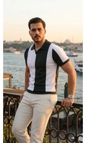 Bidebuvar Erkek Kısa Kollu Polo Yakalı Blok Desenli Triko Bluz