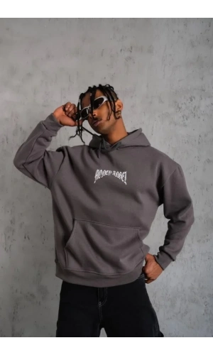 Bidebuvar Erkek Kordon İpli Baskılı Kapüşonlu Sweatshirt - Füme
