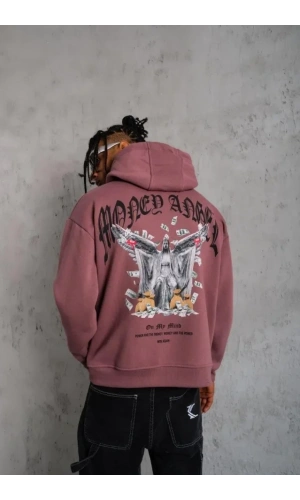 Bidebuvar Erkek Kordon İpli Baskılı Kapüşonlu Sweatshirt - Gül Kurusu