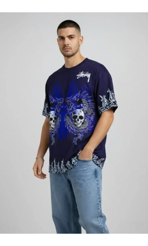 Bidebuvar Erkek Lacivert Oversize Tişört Dragon - Kuru Kafa Baskılı Bisiklet Yaka Streetwear T-Shirt - Lacivert