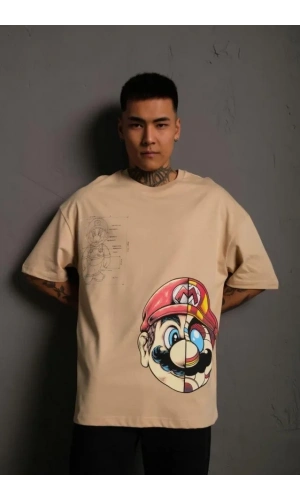 Bidebuvar Erkek Mario Baskılı Oversize T-Shirt - Bej