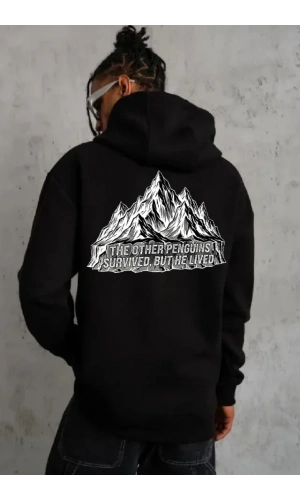 Bidebuvar Erkek Nihilist Penguen Temalı Oversize Kapüşonlu Sweatshirt - Siyah