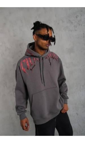 Bidebuvar Erkek Ön Ve Arka Baskılı Kapüşonlu 3 İplik Sweatshirt - Füme