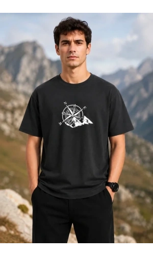 Bidebuvar Erkek Outdoor Pusula Dağ Baskılı Kısa Kollu Oversize T-Shirt - Siyah