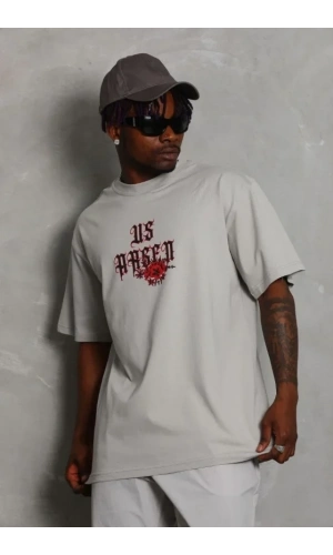 Bidebuvar ERKEK Oversize Baskılı Bisiklet Yaka T-Shirt - Gri