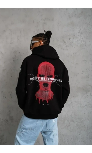 Bidebuvar Erkek Oversize Üç İplik Kapüşonlu Sweatshirt – Siyah “Don’t Be Terrified” Ön, Sırt Ve Kol Baskılı, Kanguru Cepli, Ribanalı Rahat Model- Siyah