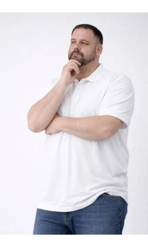 Bidebuvar Erkek Pike Kumaş Düğmeli Yaka Battal Büyük Beden Günlük Kısa Kol Tişört T-shirt - Beyaz