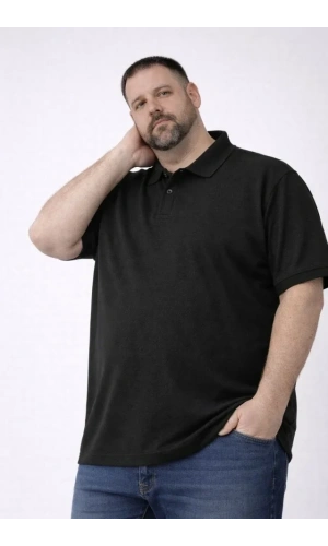 Bidebuvar Erkek Pike Kumaş Düğmeli Yaka Battal Büyük Beden Günlük Kısa Kol Tişört T-shirt - Siyah