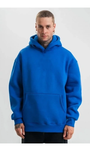 Bidebuvar Erkek Saks Mavi Double Oversize 3 İplik Pamuklu Kapüşonlu Kanguru Cepli Sweatshirt Hoodie - Saks Mavi