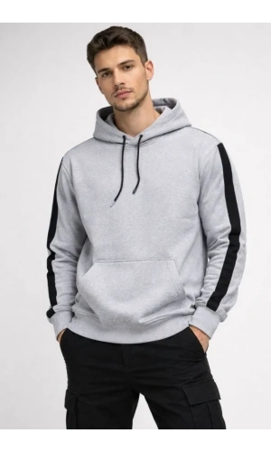 Bidebuvar Erkek Şeritli Kapüşonlu Sweatshirt Oversize 3 Iplik Pamuklu - Beyaz