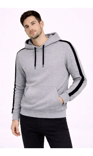 Bidebuvar Erkek Şeritli Kapüşonlu Sweatshirt Oversize 3 Iplik Pamuklu - Gri