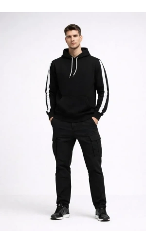 Bidebuvar Erkek Şeritli Kapüşonlu Sweatshirt Oversize 3 Iplik Pamuklu - Siyah