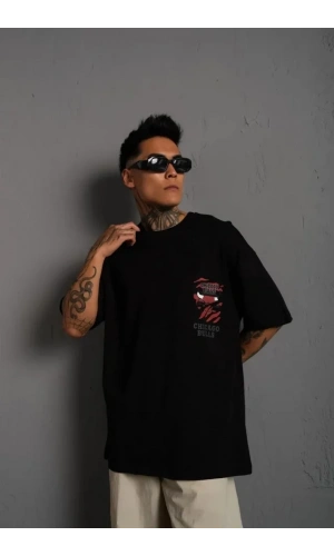 Bidebuvar Erkek Sırt Baskılı A Kalite Oversize T-shirt - Siyah