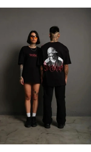 Bidebuvar Erkek Sırt Baskılı Oversize T-shirt - Siyah