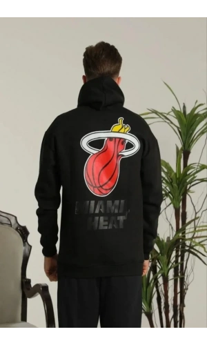 Bidebuvar Erkek Sırt Baskılı Oversize Üç İplik Kapüşonlu Sweatshirt - Siyah