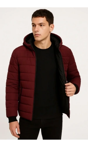 Bidebuvar Erkek Şişme Kapüşonlu Fermuarlı Mont Su Itici Kapitone Astarlı Kumaş Cepli Kışlık Rahat Kalıp - Bordo