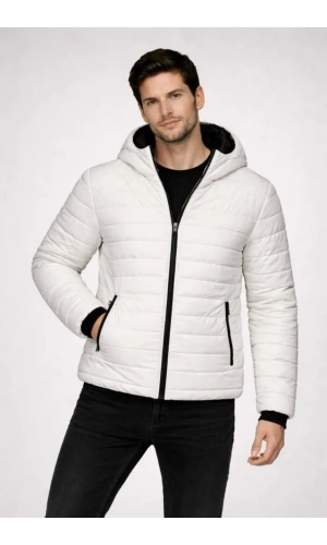 Bidebuvar Erkek Şişme Kapüşonlu Fermuarlı Mont Su Itici Kapitone Astarlı Kumaş Cepli Kışlık Rahat Kalıp - Krem