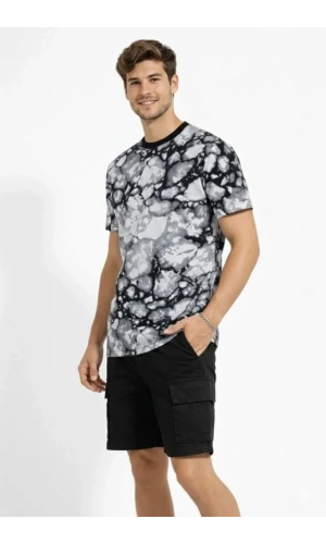 Bidebuvar Erkek Siyah Gri Taş Desenli Tişört – Regular Fit, Bisiklet Yaka, Dijital Baskılı Modern Tasarım T-Shirt - Siyah