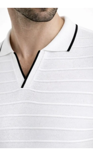 Bidebuvar Erkek Triko Kumaş Yakalı Düğmesiz Açık Yaka Fitilli Kısa Kollu Regular Fit Tişört T-shirt - Beyaz