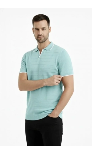 Bidebuvar Erkek Triko Kumaş Yakalı Düğmesiz Açık Yaka Fitilli Kısa Kollu Regular Fit Tişört T-shirt - Mint Yeşili