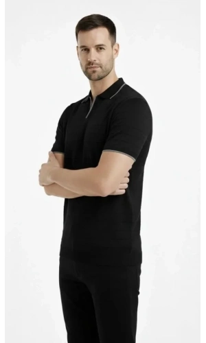 Bidebuvar Erkek Triko Kumaş Yakalı Düğmesiz Açık Yaka Fitilli Kısa Kollu Regular Fit Tişört T-shirt - Siyah