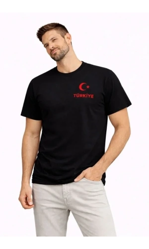 Bidebuvar Erkek TÜRKİYE Ay Yıldız Baskılı Taraftar Forma T-Shirt - Siyah