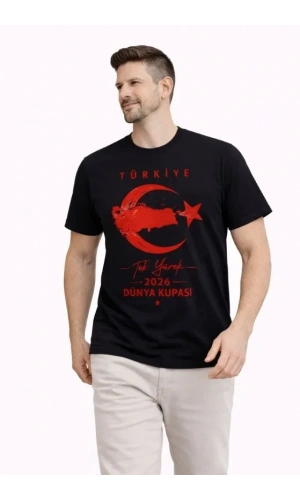 Bidebuvar Erkek TÜRKİYE Ay Yıldız Baskılı Taraftar Forma T-Shirt - Siyah