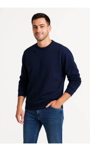 Bidebuvar Erkek Üç İplik Düz Bisiklet Yaka SweatShirt - Lacivert