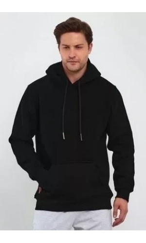 Bidebuvar Erkek Uzun Kol Kapşonlu Basic Sweatshirt Hoodie - Siyah