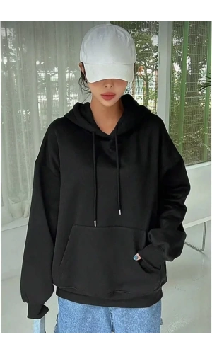 Bidebuvar Erkek Uzun Kol Kapşonlu Basic Sweatshirt Hoodie - Siyah