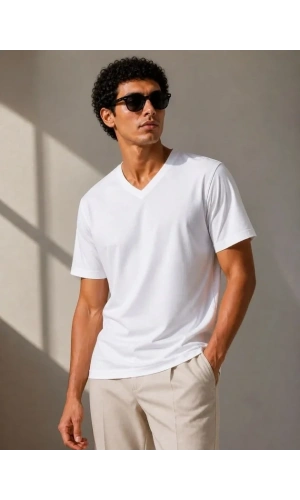 Bidebuvar Erkek V Yaka Basic Tişört Kısa Kol Yazlık Regular Fit T-Shirt - Beyaz