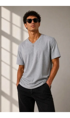 Bidebuvar Erkek V Yaka Basic Tişört Kısa Kol Yazlık Regular Fit T-Shirt - Gri
