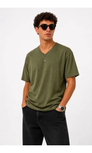 Bidebuvar Erkek V Yaka Basic Tişört Kısa Kol Yazlık Regular Fit T-Shirt - Haki