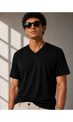 Bidebuvar Erkek V Yaka Basic Tişört Kısa Kol Yazlık Regular Fit T-Shirt - Siyah