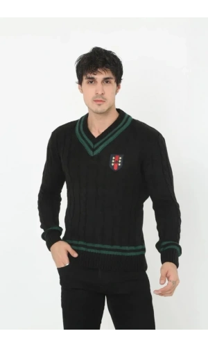 Bidebuvar Erkek V Yaka Örgülü Kazak - Siyah