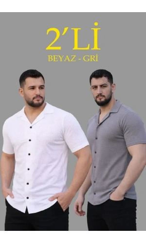 Bidebuvar Erkek Waffle Dokuma Açık Yakalı Düğmeli Regular Kalıp 2’li Gömlek Seti - Beyaz - Gri