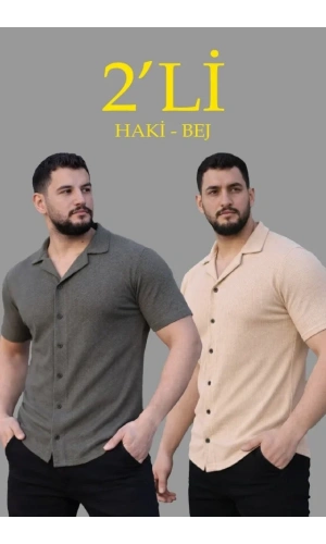 Bidebuvar Erkek Waffle Dokuma Açık Yakalı Düğmeli Regular Kalıp 2’li Gömlek Seti - Haki - Bej