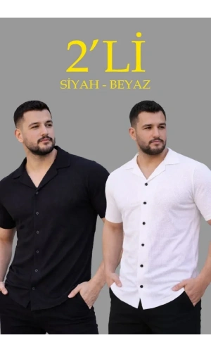 Bidebuvar Erkek Waffle Dokuma Açık Yakalı Düğmeli Regular Kalıp 2’li Gömlek Seti - Siyah - Beyaz