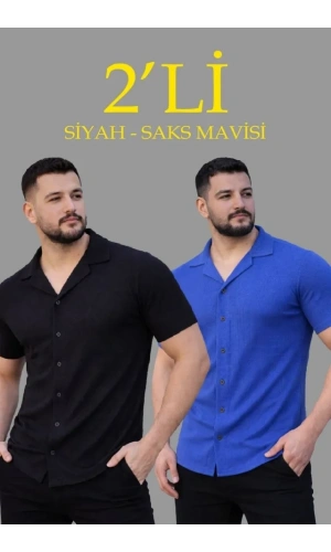 Bidebuvar Erkek Waffle Dokuma Açık Yakalı Düğmeli Regular Kalıp 2’li Gömlek Seti - Siyah - Saks Mavisi