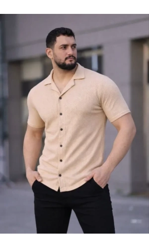Bidebuvar Erkek Waffle Kumaş Kısa Kollu Düğmeli Açık Yaka Regular Fit Gömlek - Bej