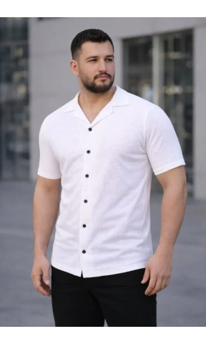 Bidebuvar Erkek Waffle Kumaş Kısa Kollu Düğmeli Açık Yaka Regular Fit Gömlek - Beyaz