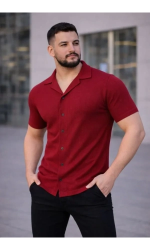 Bidebuvar Erkek Waffle Kumaş Kısa Kollu Düğmeli Açık Yaka Regular Fit Gömlek - Kırmızı