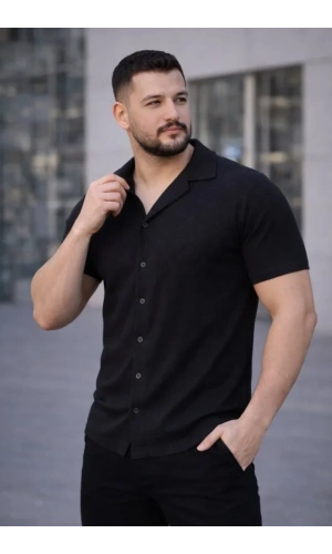 Bidebuvar Erkek Waffle Kumaş Kısa Kollu Düğmeli Açık Yaka Regular Fit Gömlek - Siyah