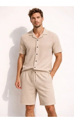 Bidebuvar Erkek Waffle Kumaş Kısa Kollu Gömlek Şort Takım Regular Fit Yazlık İkili Set - Bej