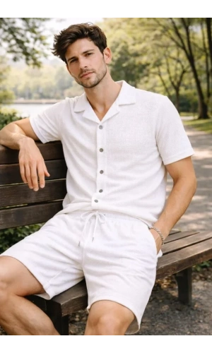 Bidebuvar Erkek Waffle Kumaş Kısa Kollu Gömlek Şort Takım Regular Fit Yazlık İkili Set - Beyaz